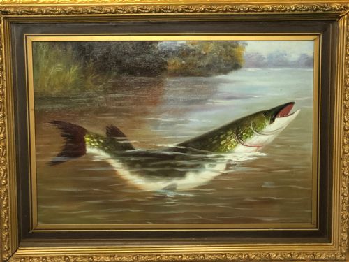 FINE ART SPORTING OIL PAINTING STUDY PIKE FISH RISING FROM THE RIVER - ADDITIONAL PHOTO 1