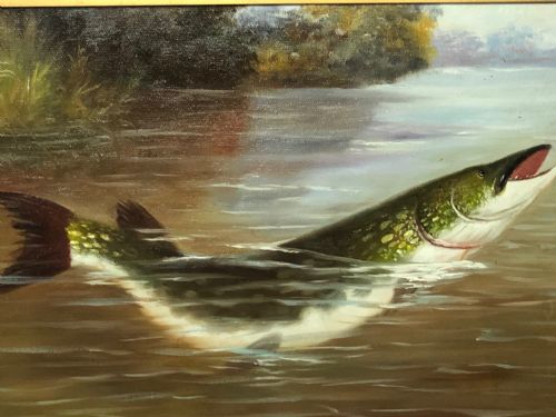 FINE ART SPORTING OIL PAINTING STUDY PIKE FISH RISING FROM THE RIVER - ADDITIONAL PHOTO 2