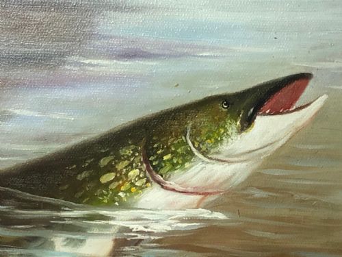 FINE ART SPORTING OIL PAINTING STUDY PIKE FISH RISING FROM THE RIVER - ADDITIONAL PHOTO 3
