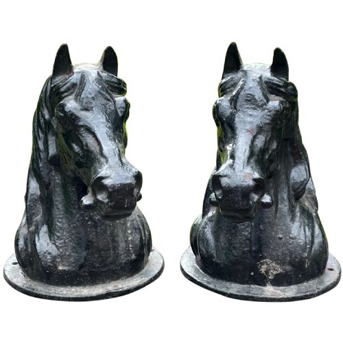 Pair Antique Horse Head Busts Cast Iron Garden Gate Post Top Finials