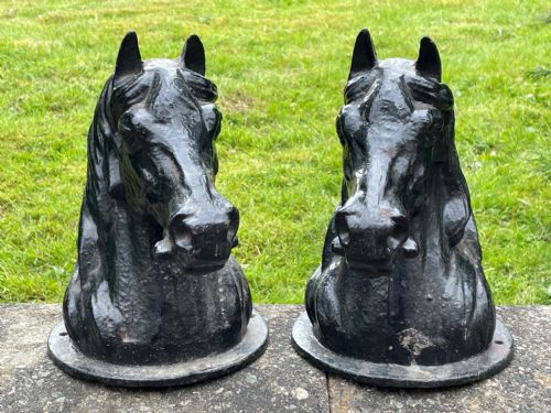 fig 1. Pair Antique Horse Head Busts Cast Iron Garden Gate Post Top Finials