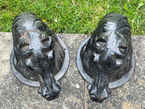 fig 2. Pair Antique Horse Head Busts Cast Iron Garden Gate Post Top Finials