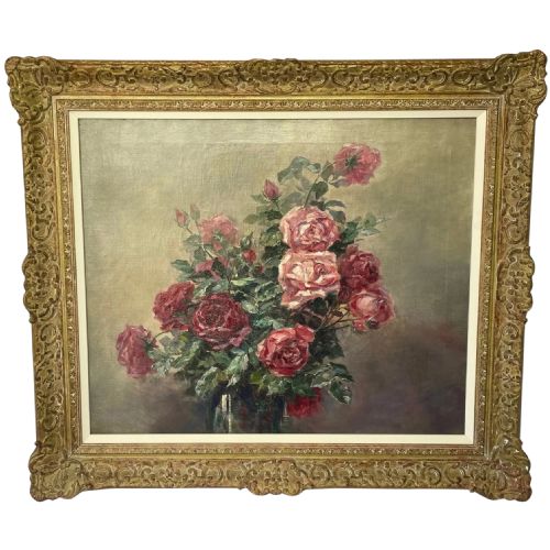 19th century still life oil painting a bowl of red pink roses - CATEGORY: ANTIQUE ART - DATED 19TH CENTURY