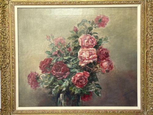 19TH CENTURY STILL LIFE OIL PAINTING A BOWL OF RED PINK ROSES - ADDITIONAL PHOTO 1