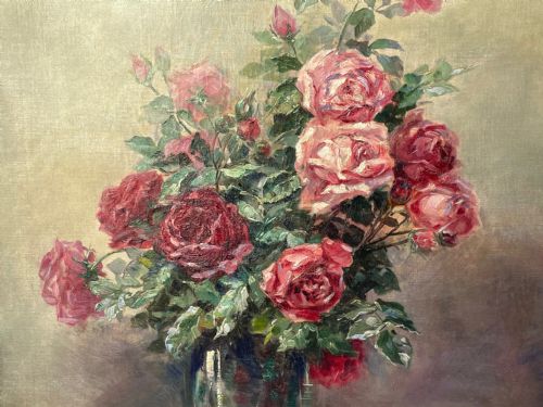 19TH CENTURY STILL LIFE OIL PAINTING A BOWL OF RED PINK ROSES - ADDITIONAL PHOTO 2
