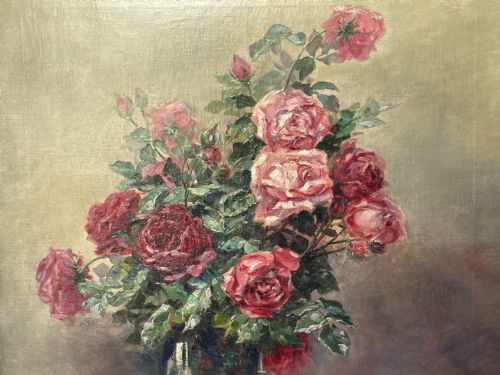 19TH CENTURY STILL LIFE OIL PAINTING A BOWL OF RED PINK ROSES - ADDITIONAL PHOTO 3