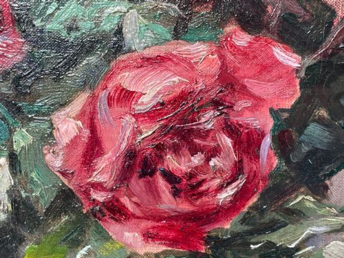 19TH CENTURY STILL LIFE OIL PAINTING A BOWL OF RED PINK ROSES - ADDITIONAL PHOTO 5