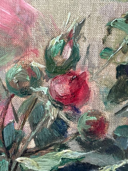 19TH CENTURY STILL LIFE OIL PAINTING A BOWL OF RED PINK ROSES - ADDITIONAL PHOTO 9