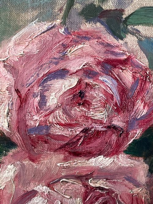 19TH CENTURY STILL LIFE OIL PAINTING A BOWL OF RED PINK ROSES - ADDITIONAL PHOTO 10