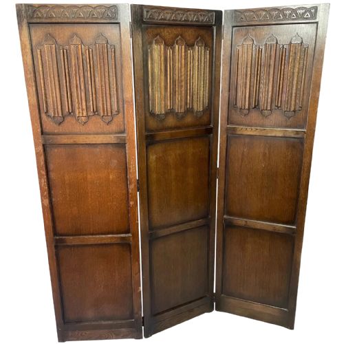 edwardian solid carved oak 3 panelled room extending divider screen - CATEGORY: ANTIQUE FURNITURE - DATED EDWARDIAN