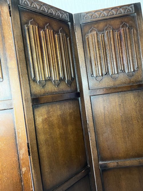 EDWARDIAN SOLID CARVED OAK 3 PANELLED ROOM EXTENDING DIVIDER SCREEN - ADDITIONAL PHOTO 5