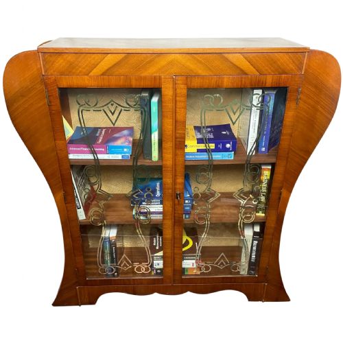 art deco walnut curved bookcase display 2 glass doors cabinet - CATEGORY: ANTIQUE CABINETS - DATED 1940