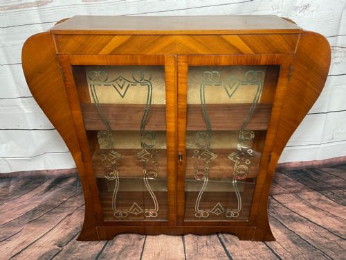 ART DECO WALNUT CURVED BOOKCASE DISPLAY 2 GLASS DOORS CABINET - ADDITIONAL PHOTO 2