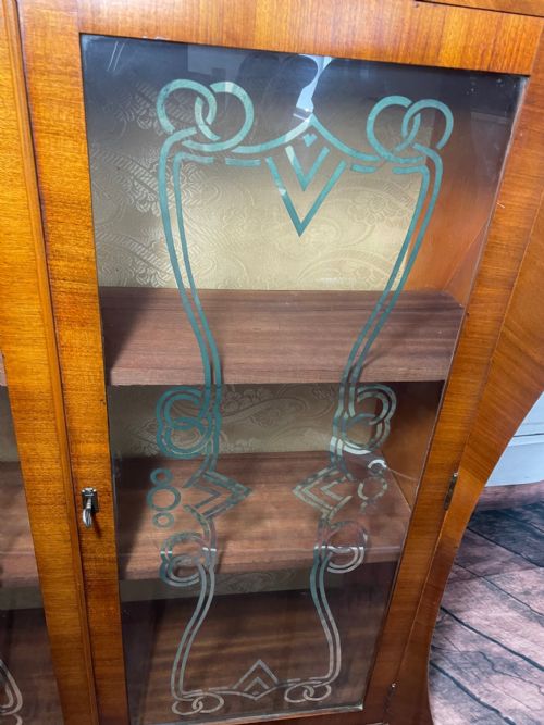 ART DECO WALNUT CURVED BOOKCASE DISPLAY 2 GLASS DOORS CABINET - ADDITIONAL PHOTO 4