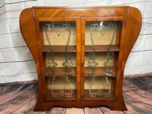 ART DECO WALNUT CURVED BOOKCASE DISPLAY 2 GLASS DOORS CABINET - ADDITIONAL PHOTO 5