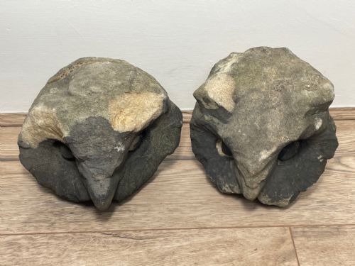 PAIR 18TH CENTURY CARVED PRIMITIVE STONE OWL HEAD CORBEL SCULPTURES - ADDITIONAL PHOTO 2