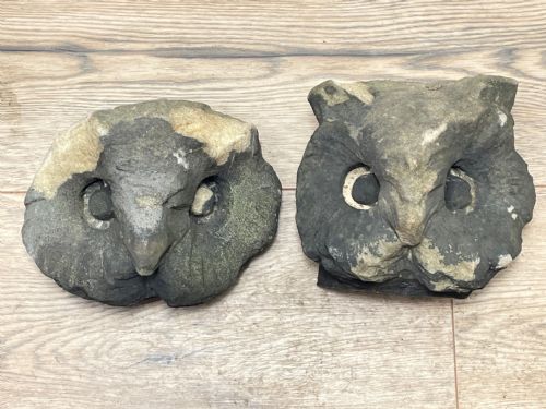 PAIR 18TH CENTURY CARVED PRIMITIVE STONE OWL HEAD CORBEL SCULPTURES - ADDITIONAL PHOTO 5