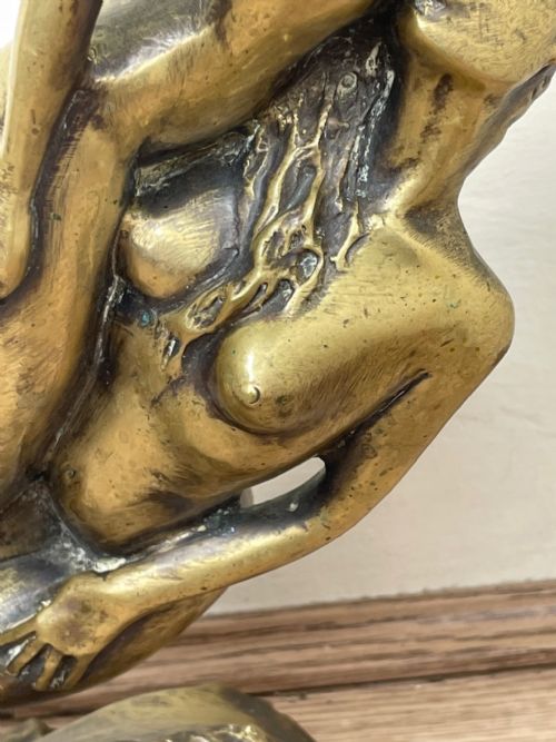 ART DECO FRENCH SIGNED GILT BRONZE 2 FEMALE NUDE MERMAIDS SWIMMING - ADDITIONAL PHOTO 23