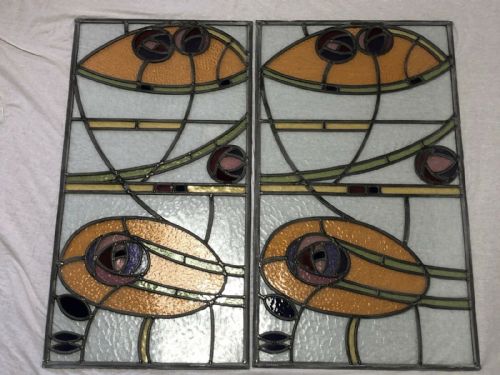 2 VICTORIAN ARTS CRAFTS BULLSEYE STAINED LEADED GLASS WINDOW PANELS - ADDITIONAL PHOTO 1