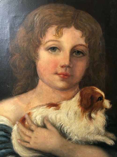 GENRE OIL PAINTING OF A YOUNG GIRL WITH CAVALIER KING CHARLES SPANIEL - ADDITIONAL PHOTO 1