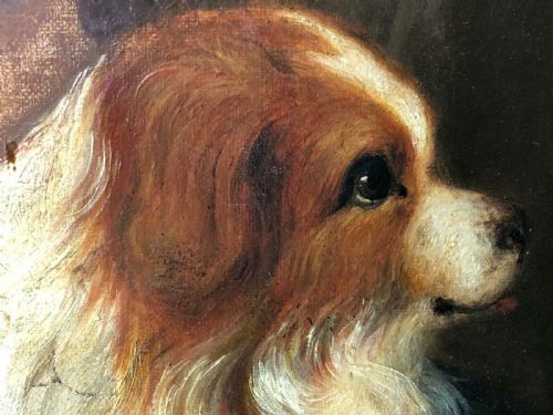 GENRE OIL PAINTING OF A YOUNG GIRL WITH CAVALIER KING CHARLES SPANIEL - ADDITIONAL PHOTO 9