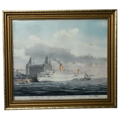 watercolour rms empress of england britain ship liverpool mersey - CATEGORY: ANTIQUE ART - DATED 1960