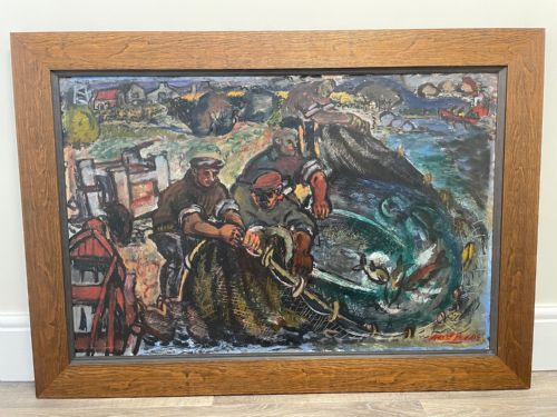 EXPRESSIONIST SCOTTISH OIL PAINTING HAULING THE NETS ARCHIBALD PEDDIE - ADDITIONAL PHOTO 1