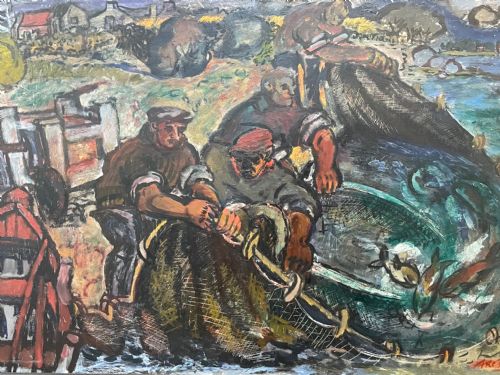 EXPRESSIONIST SCOTTISH OIL PAINTING HAULING THE NETS ARCHIBALD PEDDIE - ADDITIONAL PHOTO 6