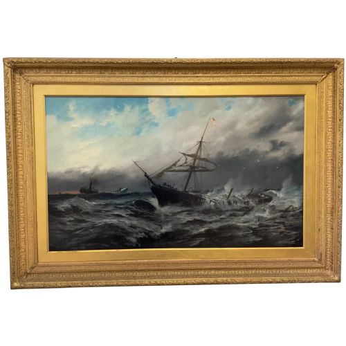 huge victorian seascape oil painting sinking ship signalling rescuers by henry e tozer born 1864 - CATEGORY: ANTIQUE ART - DATED VICTORIAN
