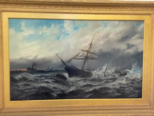 HUGE VICTORIAN SEASCAPE OIL PAINTING SINKING SHIP SIGNALLING RESCUERS BY HENRY E TOZER BORN 1864 - ADDITIONAL PHOTO 1