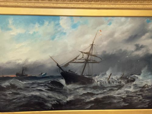 HUGE VICTORIAN SEASCAPE OIL PAINTING SINKING SHIP SIGNALLING RESCUERS BY HENRY E TOZER BORN 1864 - ADDITIONAL PHOTO 2