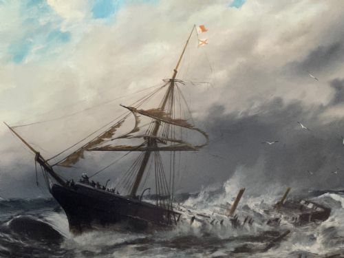 HUGE VICTORIAN SEASCAPE OIL PAINTING SINKING SHIP SIGNALLING RESCUERS BY HENRY E TOZER BORN 1864 - ADDITIONAL PHOTO 3