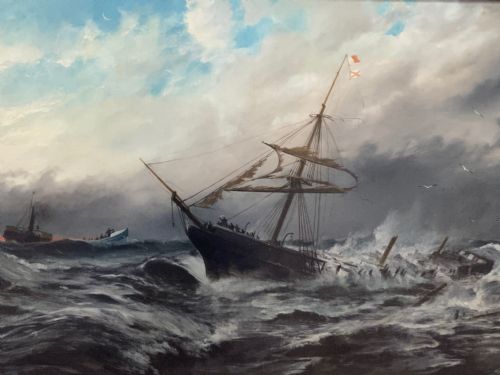 HUGE VICTORIAN SEASCAPE OIL PAINTING SINKING SHIP SIGNALLING RESCUERS BY HENRY E TOZER BORN 1864 - ADDITIONAL PHOTO 5