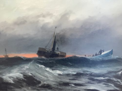HUGE VICTORIAN SEASCAPE OIL PAINTING SINKING SHIP SIGNALLING RESCUERS BY HENRY E TOZER BORN 1864 - ADDITIONAL PHOTO 8