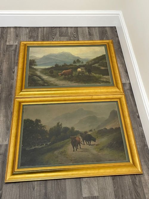 PAIR VICTORIAN OIL PAINTINGS SCOTTISH HIGHLANDS CATTLE BY A MACULLOUGH - ADDITIONAL PHOTO 3
