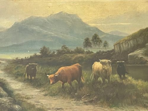 PAIR VICTORIAN OIL PAINTINGS SCOTTISH HIGHLANDS CATTLE BY A MACULLOUGH - ADDITIONAL PHOTO 13