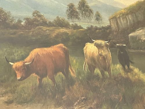 PAIR VICTORIAN OIL PAINTINGS SCOTTISH HIGHLANDS CATTLE BY A MACULLOUGH - ADDITIONAL PHOTO 14