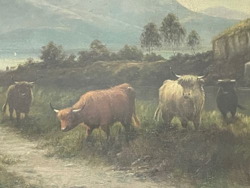 PAIR VICTORIAN OIL PAINTINGS SCOTTISH HIGHLANDS CATTLE BY A MACULLOUGH - ADDITIONAL PHOTO 24