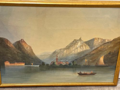 ANTIQUE CONTINENTAL WATERCOLOUR SAILING SHIPS LAKE BLED JULIAN ALPS SLOVENIA - ADDITIONAL PHOTO 4