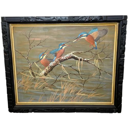 watercolour kingfishers mother feeding young birds by ralston gudgeon - CATEGORY: ANTIQUE ART - DATED 1960