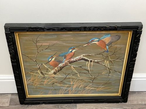 WATERCOLOUR KINGFISHERS MOTHER FEEDING YOUNG BIRDS BY RALSTON GUDGEON - ADDITIONAL PHOTO 1