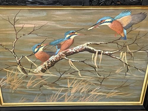 WATERCOLOUR KINGFISHERS MOTHER FEEDING YOUNG BIRDS BY RALSTON GUDGEON - ADDITIONAL PHOTO 3