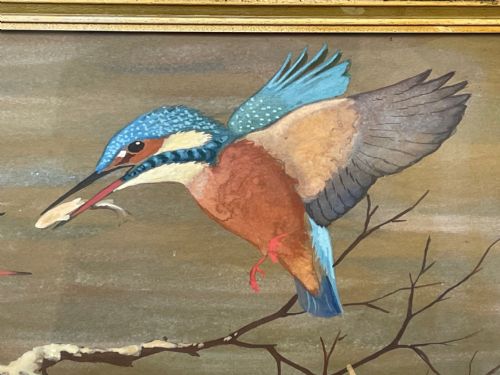 WATERCOLOUR KINGFISHERS MOTHER FEEDING YOUNG BIRDS BY RALSTON GUDGEON - ADDITIONAL PHOTO 5
