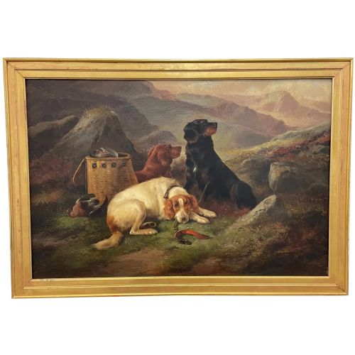 19th century oil painting gun dogs guarding the days shoot john morris - CATEGORY: ANTIQUE ART - DATED 19TH CENTURY