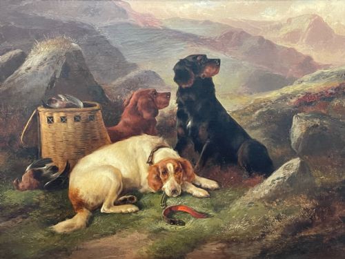 19TH CENTURY OIL PAINTING GUN DOGS GUARDING THE DAYS SHOOT JOHN MORRIS - ADDITIONAL PHOTO 1