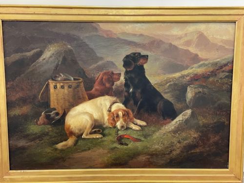 19TH CENTURY OIL PAINTING GUN DOGS GUARDING THE DAYS SHOOT JOHN MORRIS - ADDITIONAL PHOTO 2