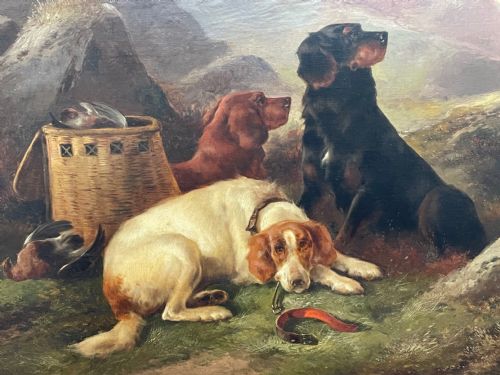 19TH CENTURY OIL PAINTING GUN DOGS GUARDING THE DAYS SHOOT JOHN MORRIS - ADDITIONAL PHOTO 3