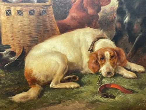 19TH CENTURY OIL PAINTING GUN DOGS GUARDING THE DAYS SHOOT JOHN MORRIS - ADDITIONAL PHOTO 13
