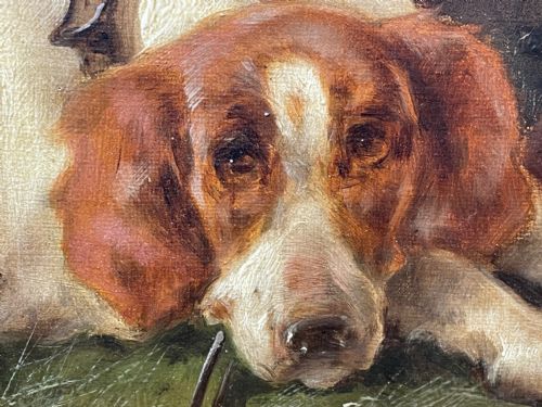 19TH CENTURY OIL PAINTING GUN DOGS GUARDING THE DAYS SHOOT JOHN MORRIS - ADDITIONAL PHOTO 27