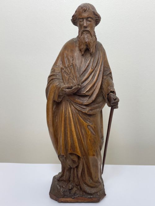 SMALL RELIGIOUS 19TH CENTURY CARVED FRUITWOOD ST PAUL SCULPTURE - ADDITIONAL PHOTO 1